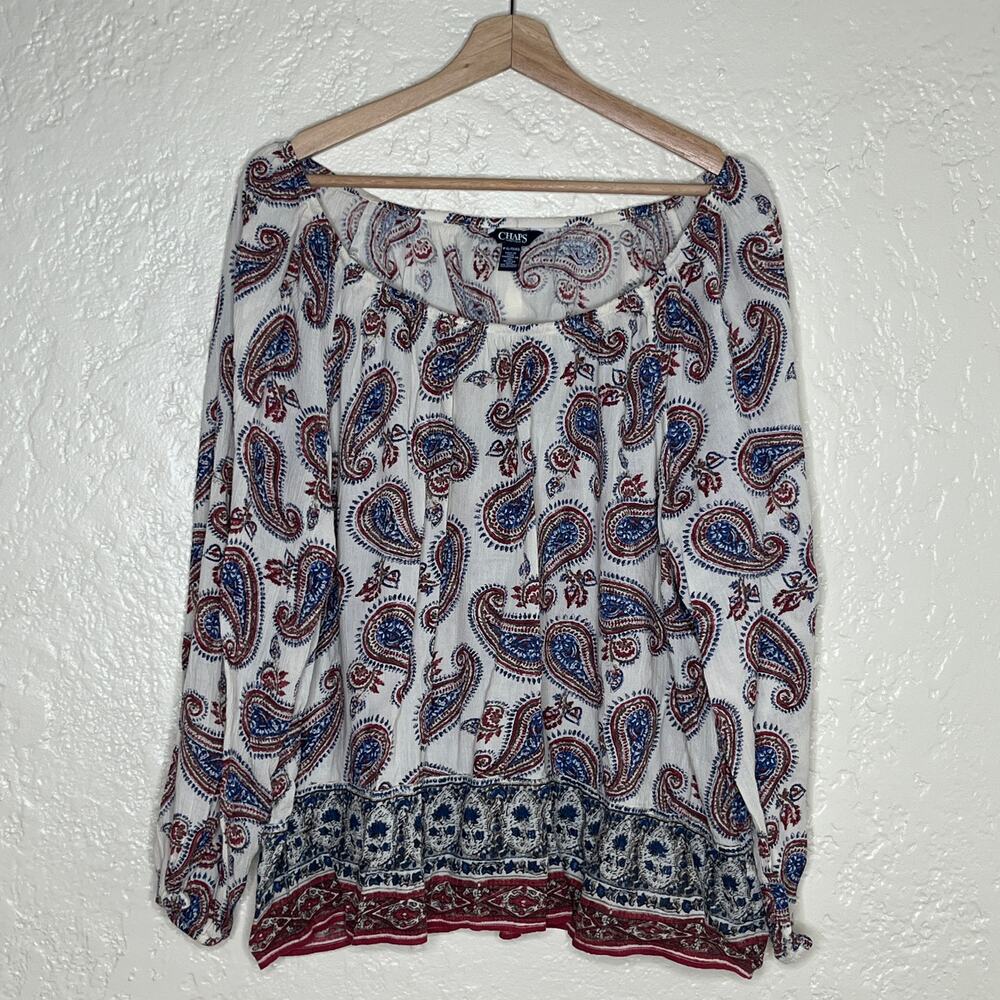 Chaps Women's White Paisley Scoop Neck  Lightweight Peasant‎ Blouse XL Petite